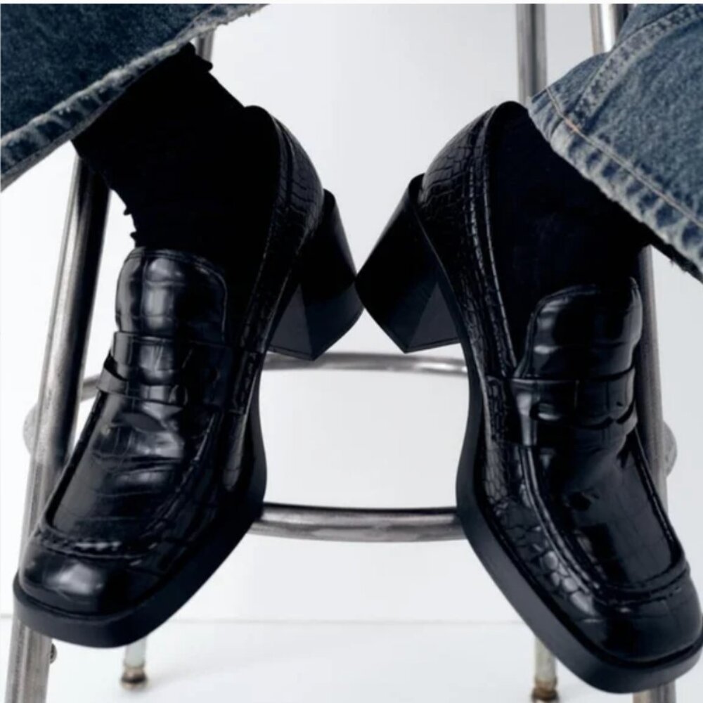 Zara Block Black Croc Heeled Loafers - Picture 6 of 8